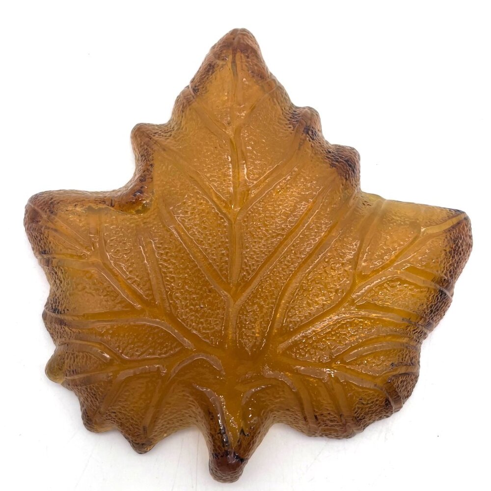 Amber Depression Glass Maple Leaf Shaped Candy Dish Bowl Ashtray Textured Finish - Picture 2 of 16